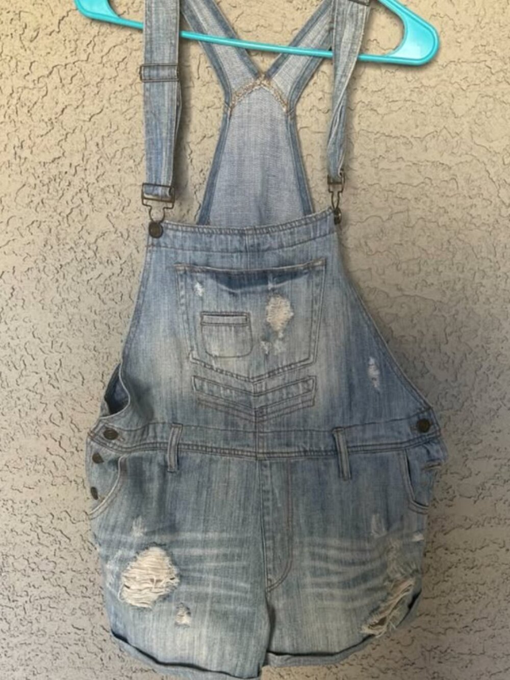 Distressed Light Wash Denim Short Overalls